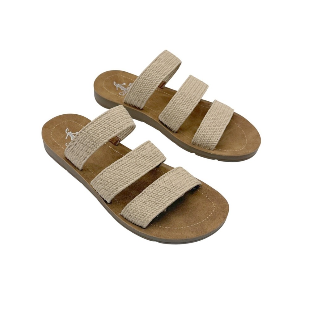 Corkys Dafne Womens 9 Beige Triple Strap Coastal Beach Comfort Slide Sandals